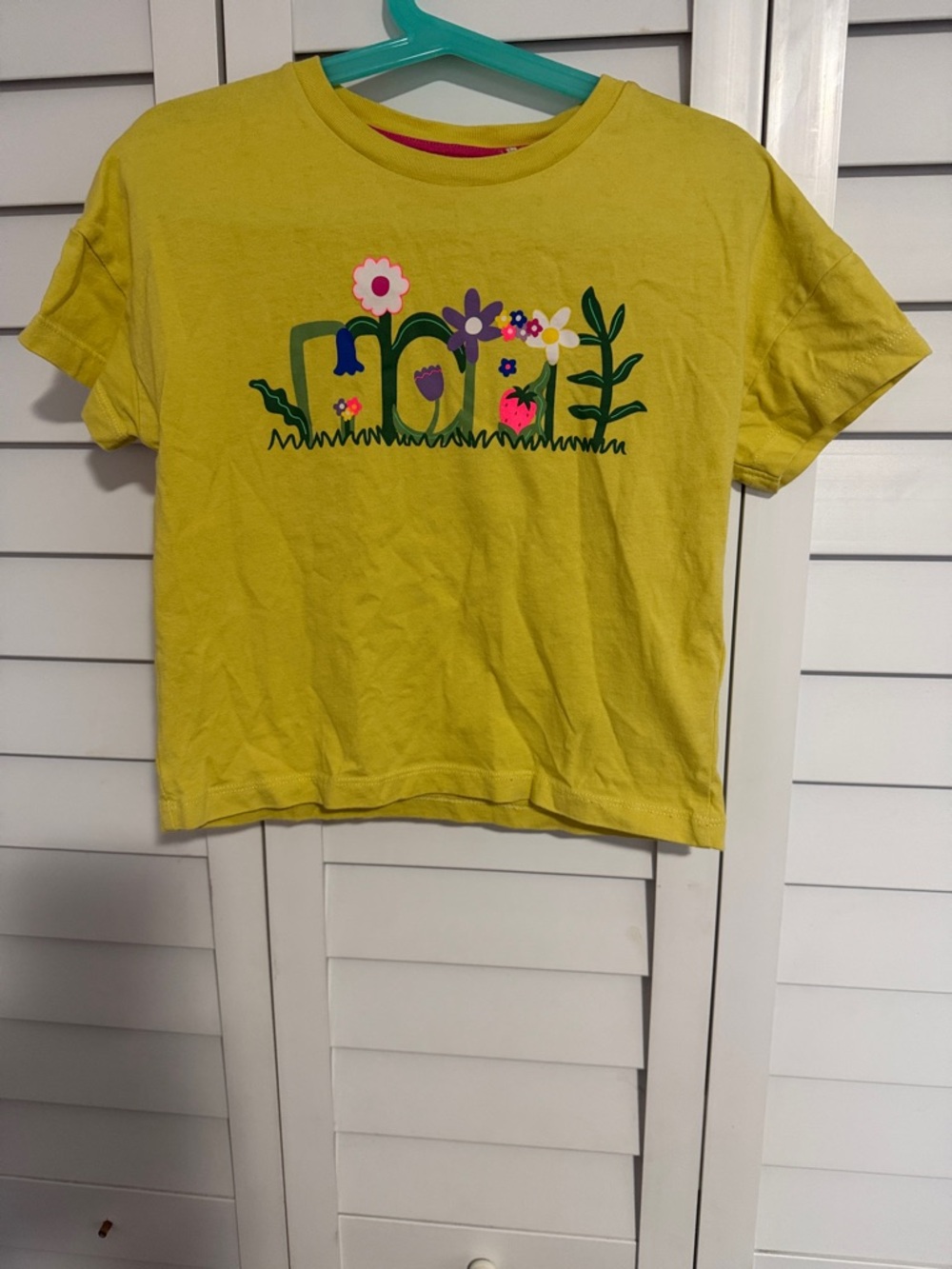 Mini Boden Yellow Tee with Colorful 'LOVE' Flower Graphic